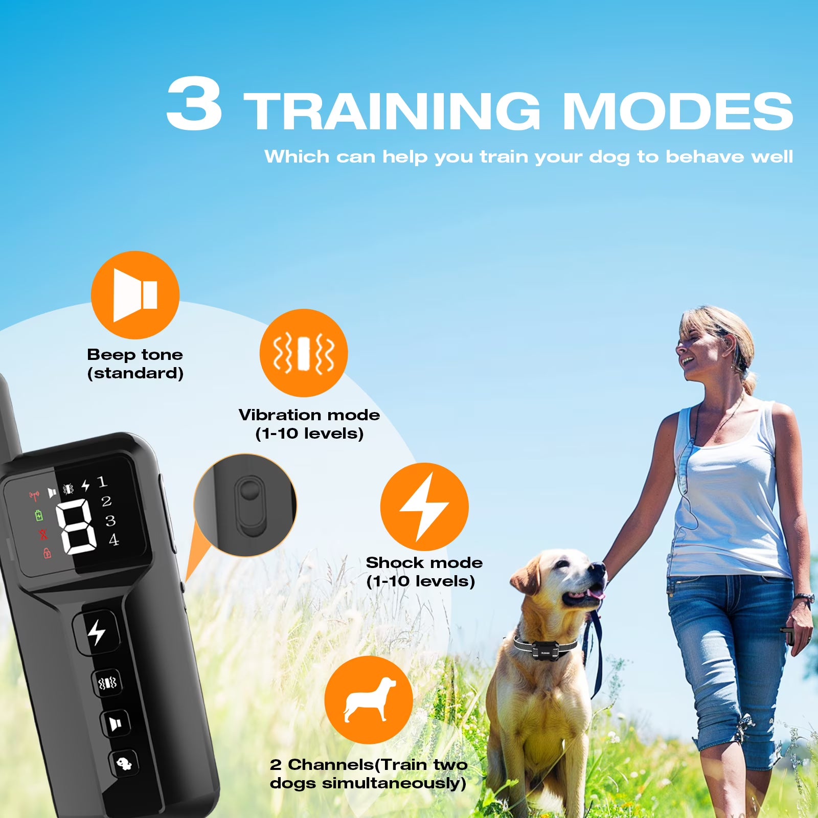 RUXAN Shock Collar with Remote for Dogs with 2 collars- Bark Training, for 15-120lbs Large Medium Puppy, Smart Collar, Black