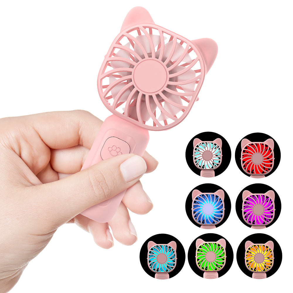 Mini Portable Handheld Fan with 7-Color LED Light, Rechargeable Personal Fan, 3 Speeds Small Pocket Fan, Lightweight USB Desk Fan for Women, Men, Kids, Office, Travel, Camping, Blue