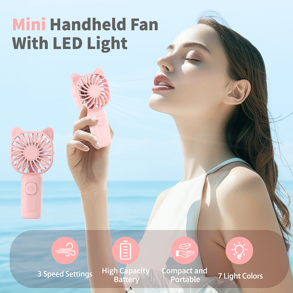 Mini Portable Handheld Fan with 7-Color LED Light, Rechargeable Personal Fan, 3 Speeds Small Pocket Fan, Lightweight USB Desk Fan for Women, Men, Kids, Office, Travel, Camping, Blue