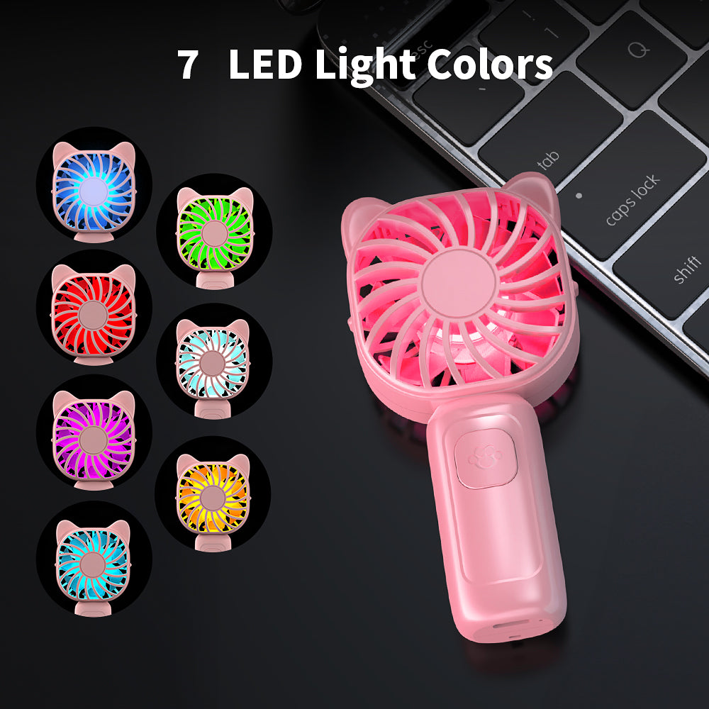 Mini Portable Handheld Fan with 7-Color LED Light, Rechargeable Personal Fan, 3 Speeds Small Pocket Fan, Lightweight USB Desk Fan for Women, Men, Kids, Office, Travel, Camping, Blue