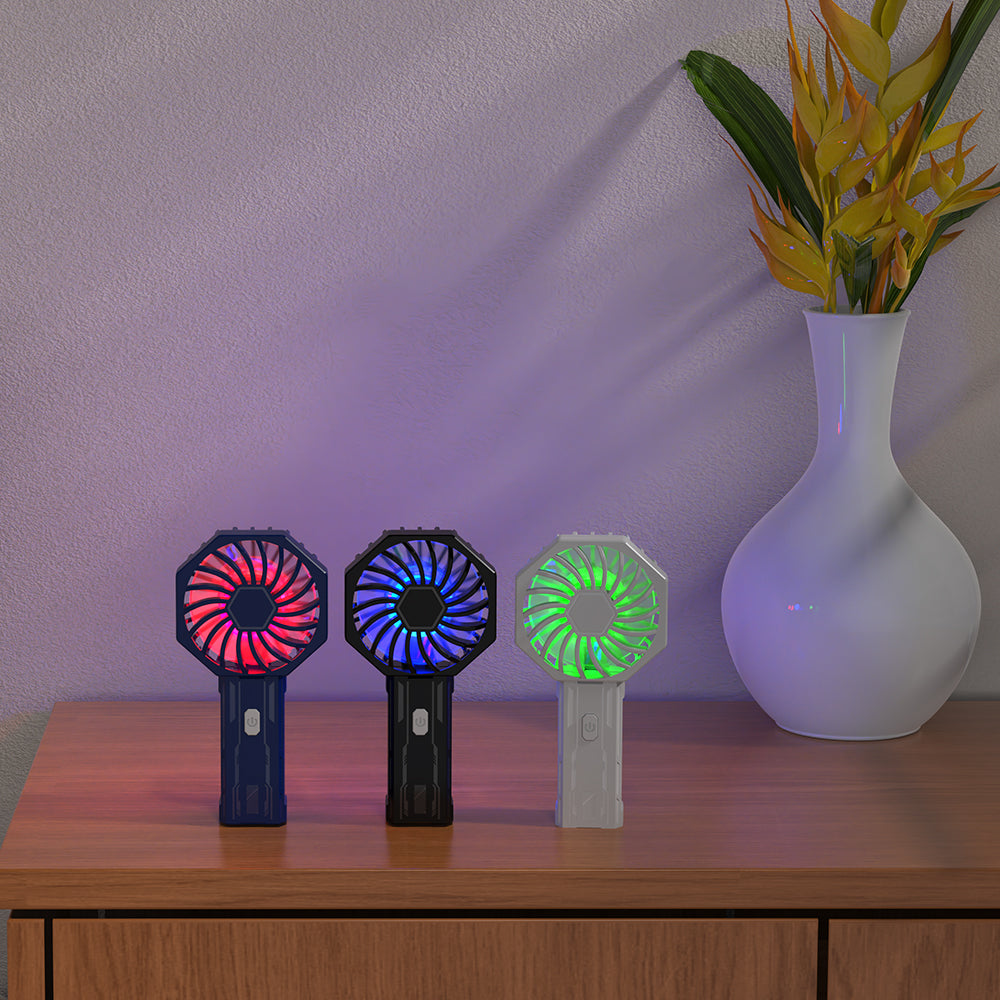 Mini Portable Handheld Fan, Rechargeable Personal Fan with 3 Speeds, Compact Pocket Desk Fan for Travel, Office, Makeup, Camping, Bedroom & Outdoor Use, 7-Color LED Light, Black
