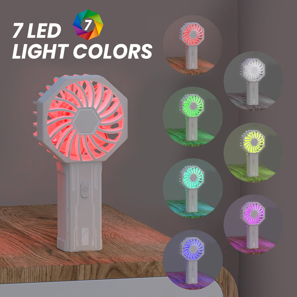 Mini Portable Handheld Fan, Rechargeable Personal Fan with 3 Speeds, Compact Pocket Desk Fan for Travel, Office, Makeup, Camping, Bedroom & Outdoor Use, 7-Color LED Light, Black