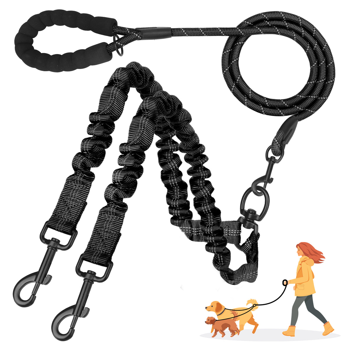 Jewyow Double Dog Leash, 360° Swivel Tangle Free Bungee Walking Training for Large Medium Dogs, Reflective Dog Leash for 2 Dogs