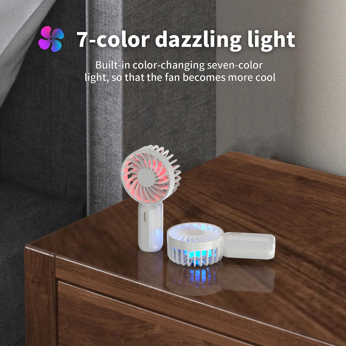 RUXAN Mini Portable Fan - Rechargeable Handheld Fan, 7 Color LED Lights, 3 Speeds Personal Small Pocket Fan for Travel, Makeup, Eyelash Extensions, Kids, Girls, Women - White