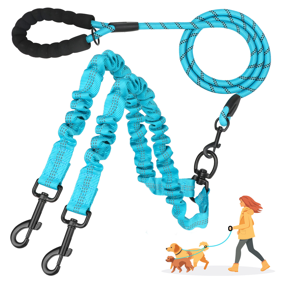 Jewyow Double Dog Leash, 360° Swivel Tangle Free Bungee Walking Training for Large Medium Dogs, Reflective Dog Leash for 2 Dogs