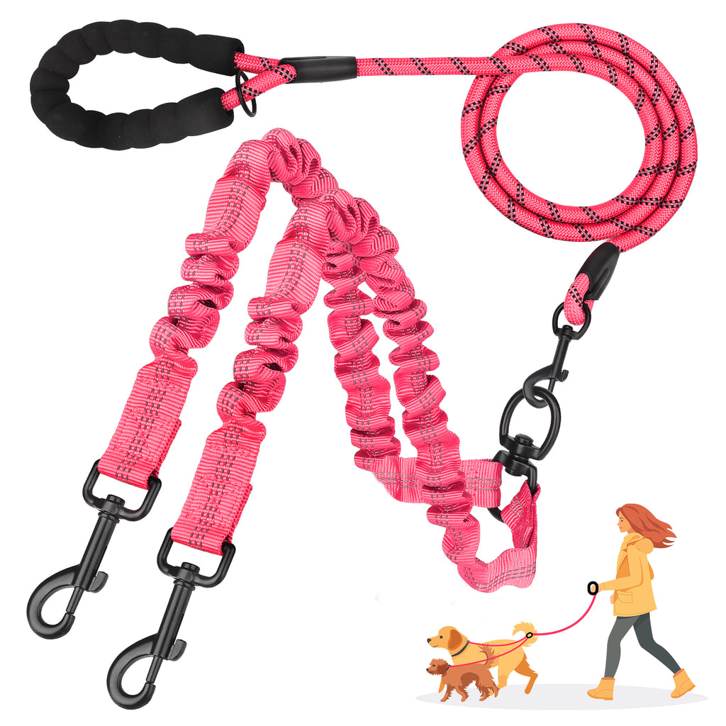 Jewyow Double Dog Leash, 360° Swivel Tangle Free Bungee Walking Training for Large Medium Dogs, Reflective Dog Leash for 2 Dogs