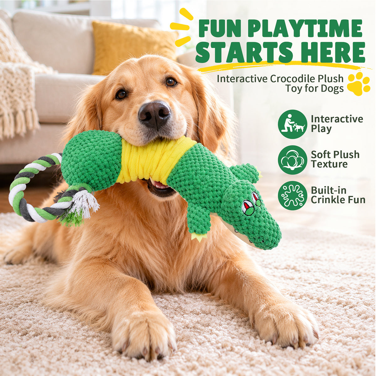 Jewyow Interactive Squeaky Plush Dog Toy with Crinkle Paper - Durable Tug of War Chew Toy for Puppies, Small, Medium & Large Breeds
