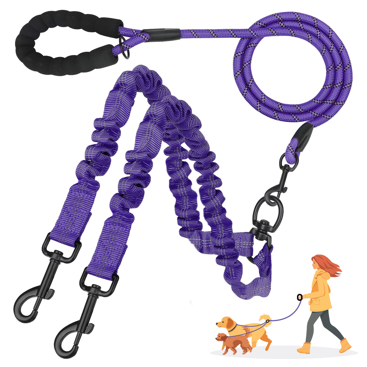 Jewyow Double Dog Leash, 360° Swivel Tangle Free Bungee Walking Training for Large Medium Dogs, Reflective Dog Leash for 2 Dogs