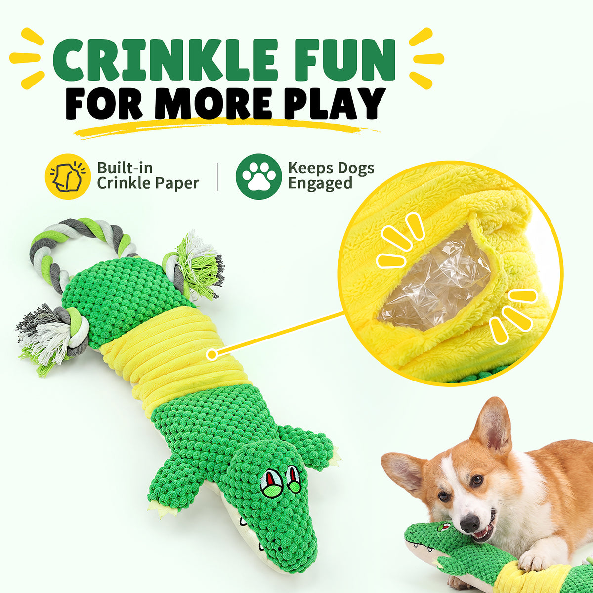 Jewyow Interactive Squeaky Plush Dog Toy with Crinkle Paper - Durable Tug of War Chew Toy for Puppies, Small, Medium & Large Breeds