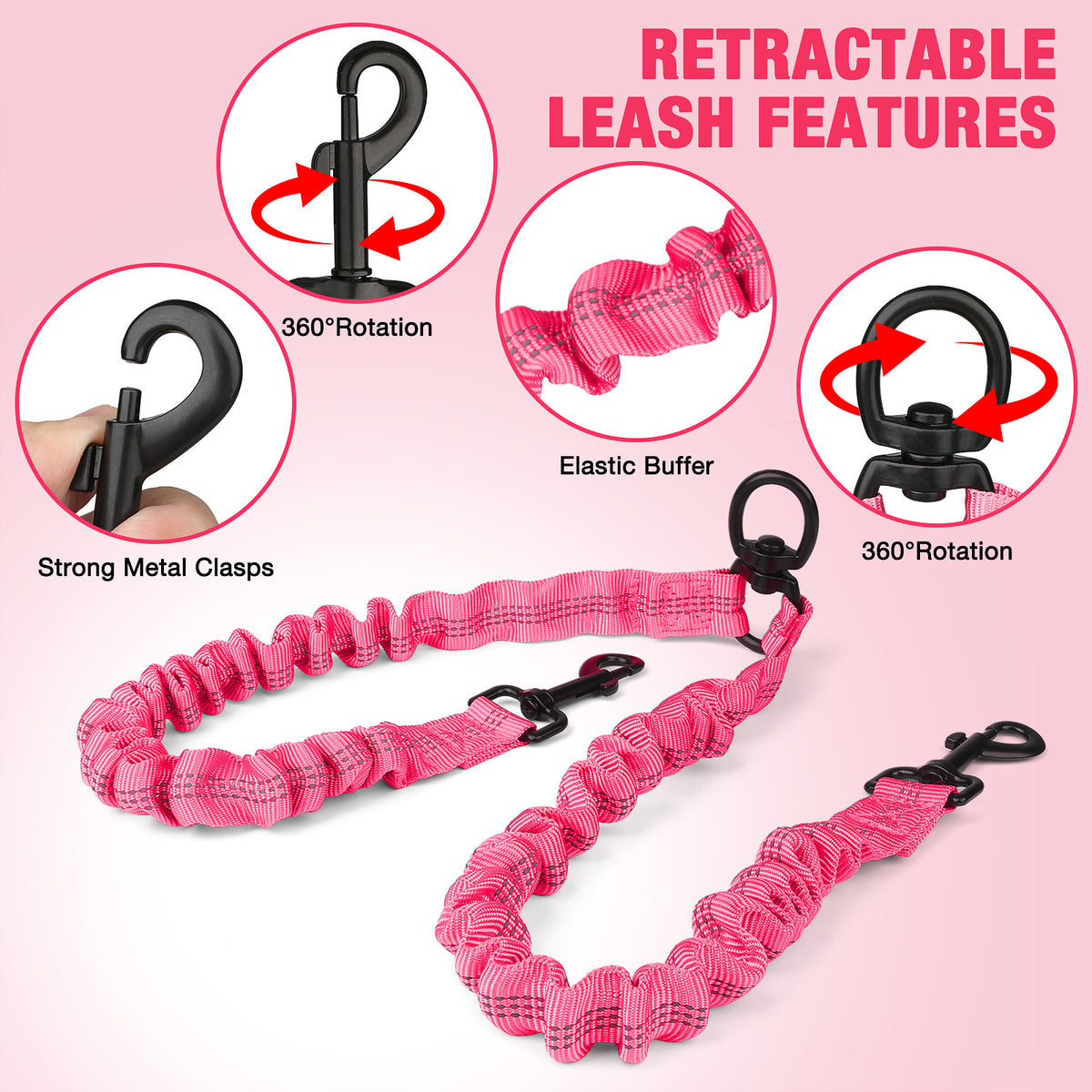 Jewyow Double Dog Leash, 360° Swivel Tangle Free Bungee Walking Training for Large Medium Dogs, Reflective Dog Leash for 2 Dogs