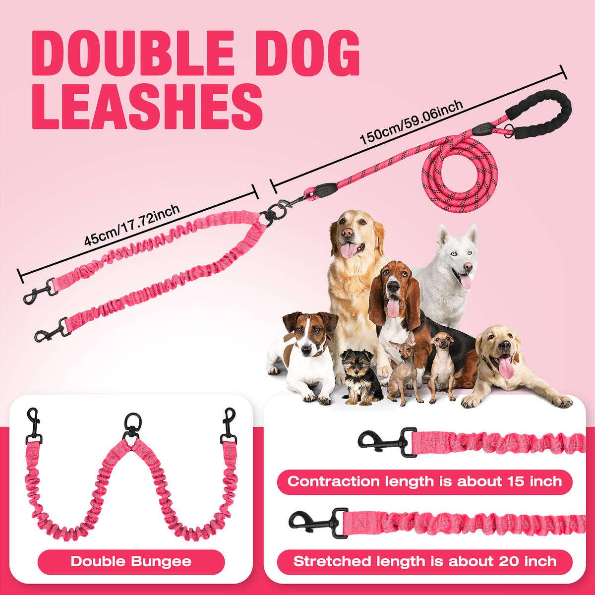 Jewyow Double Dog Leash, 360° Swivel Tangle Free Bungee Walking Training for Large Medium Dogs, Reflective Dog Leash for 2 Dogs