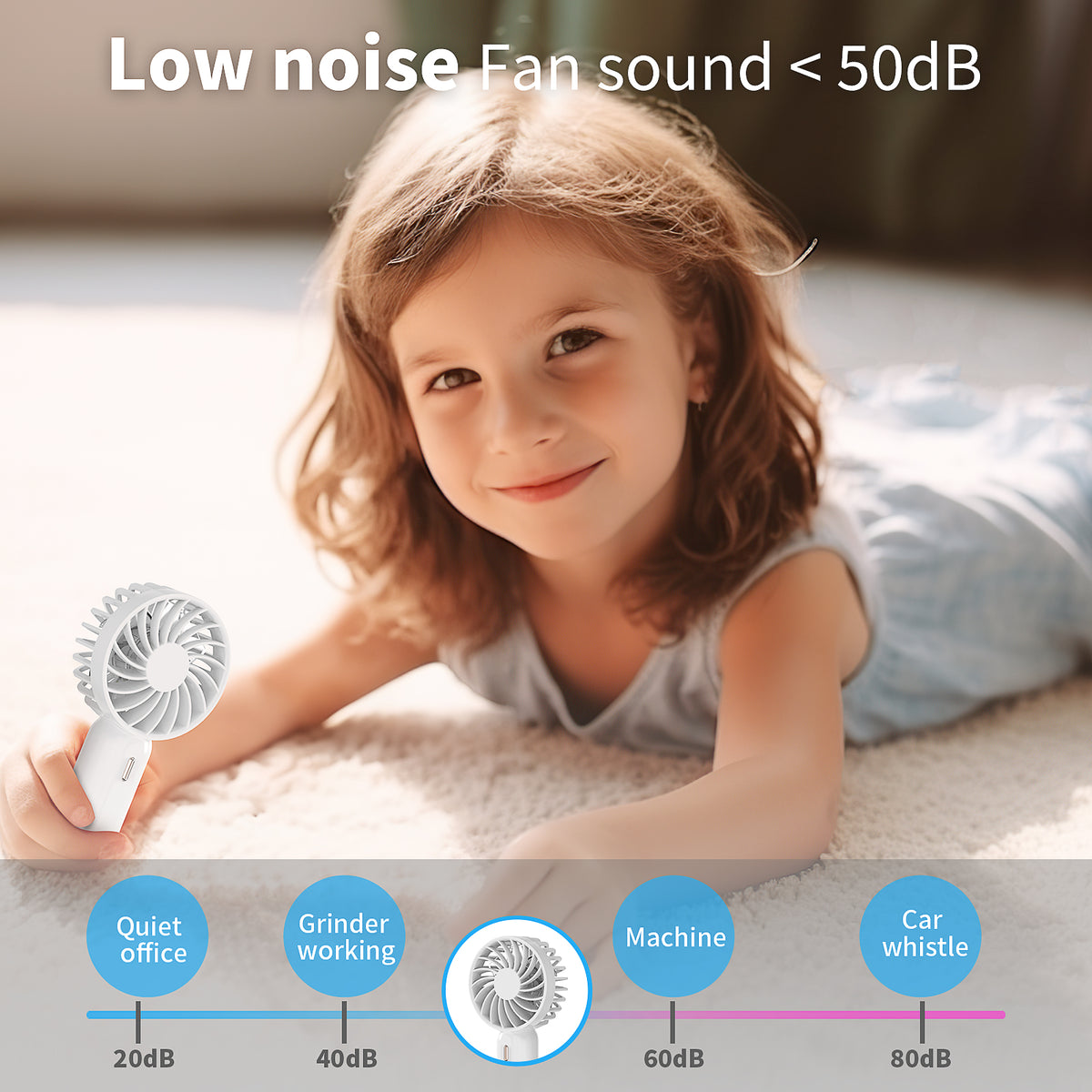 RUXAN Mini Portable Fan - Rechargeable Handheld Fan, 7 Color LED Lights, 3 Speeds Personal Small Pocket Fan for Travel, Makeup, Eyelash Extensions, Kids, Girls, Women - White