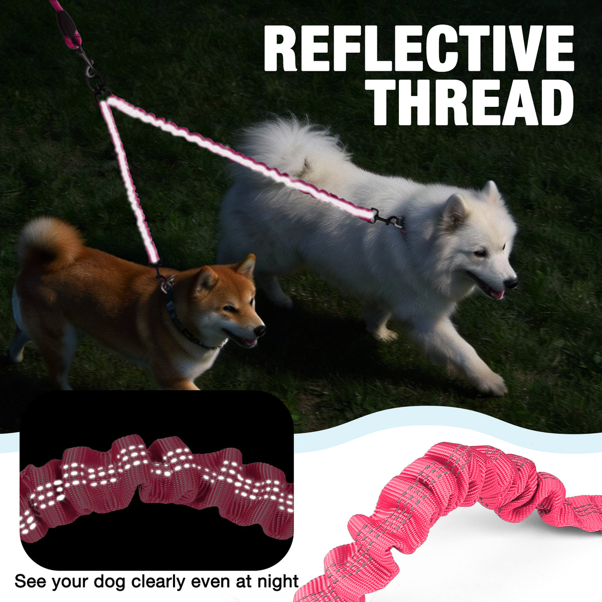Jewyow Double Dog Leash, 360° Swivel Tangle Free Bungee Walking Training for Large Medium Dogs, Reflective Dog Leash for 2 Dogs
